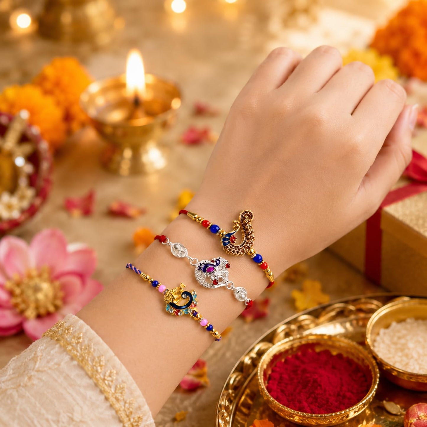 Designer Beautiful Multicolor Rakhi for Brother with Roli Tikka & Card, Pack of 6