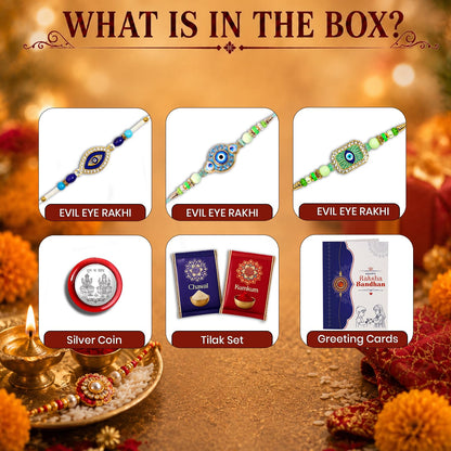Designer Rakhi for Brother with Roli Chawal, Pooja Coin & Card, Pack of 3