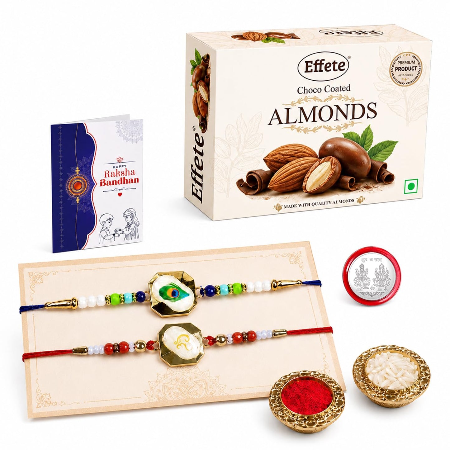 Multicolor OM & Mor Pichh Rakhi for Brother with Choco Almonds 32gm, Pack of 6