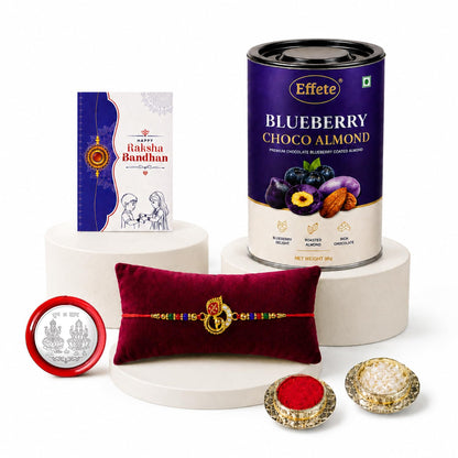 Peacock Multicolor Rakhi & Blueberry Choco Almond 96gm with Roli Chawal, Silver Color Pooja Coin & Greeting Card, Rakshbandhan Combo, Rakhi & Chocolate, Pack of 5 For Raksha Bandhan