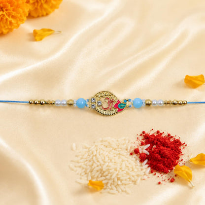 Rakhi with Chocolate for Brother (Set of 7) – Raksha Bandhan Festival Celebration Combo with Lion, OM & Peacock Design Rakhi, Chocolate, Roli Chawal, Silver Color Pooja Coin & Greeting Card