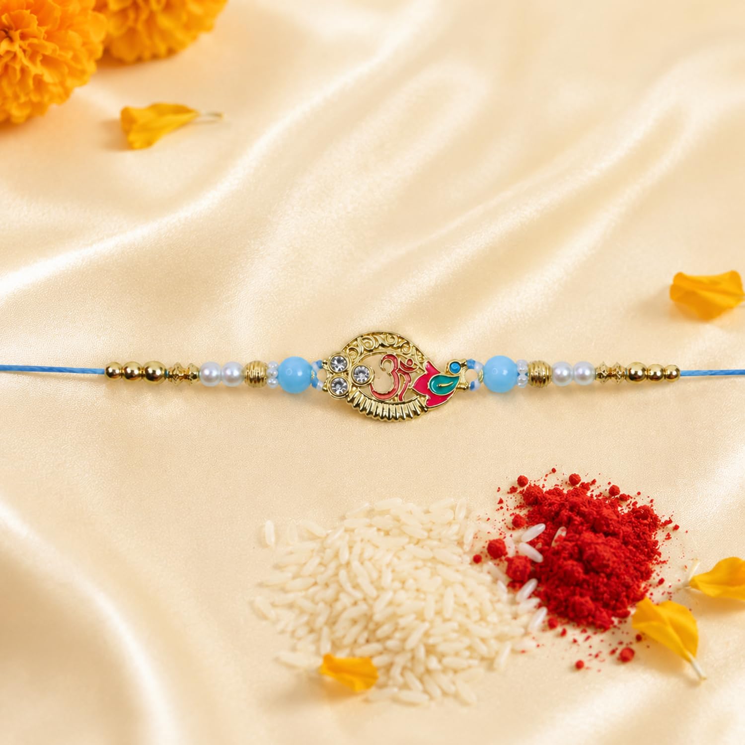 Coffee Cup, Om Rakhi Combo - Raksha Bandhan Gift with Golden Pooja Kankavati, Pack of 7