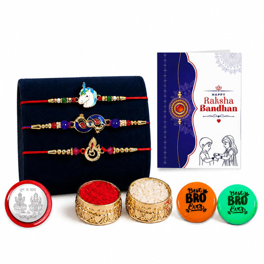 Unicorn multicolor Rakhi combo set with decorative magnets and puja essentials