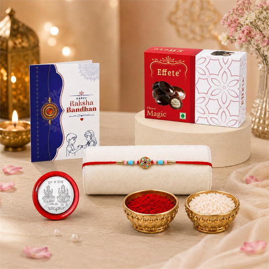 Flower Rakhi for Brother with Chocolate Magic 32gm, Roli Tikka & Card | Pack of 5