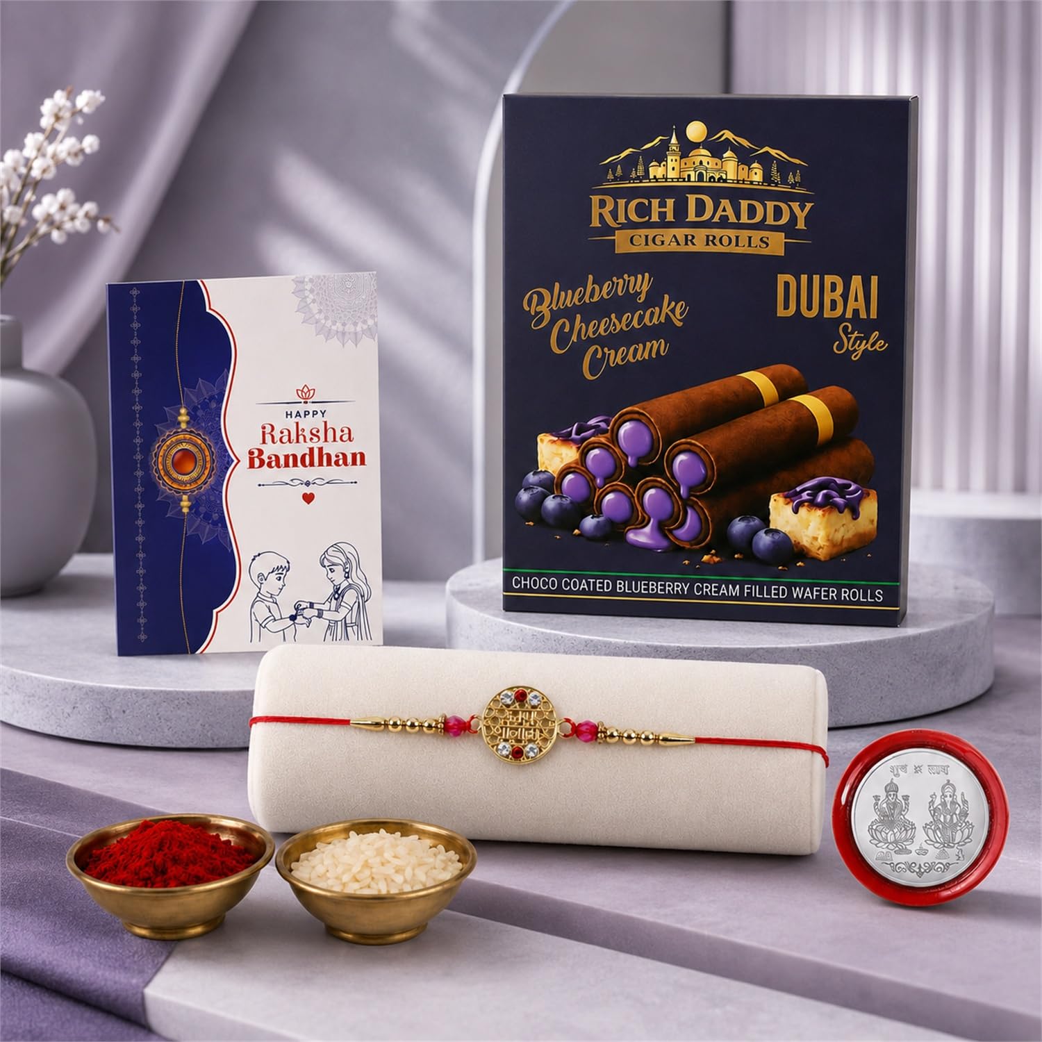 Jai Shree Ram Rakhi for Brother with Blueberry Wafer Rolls, Roli Tikka, Pack of 5