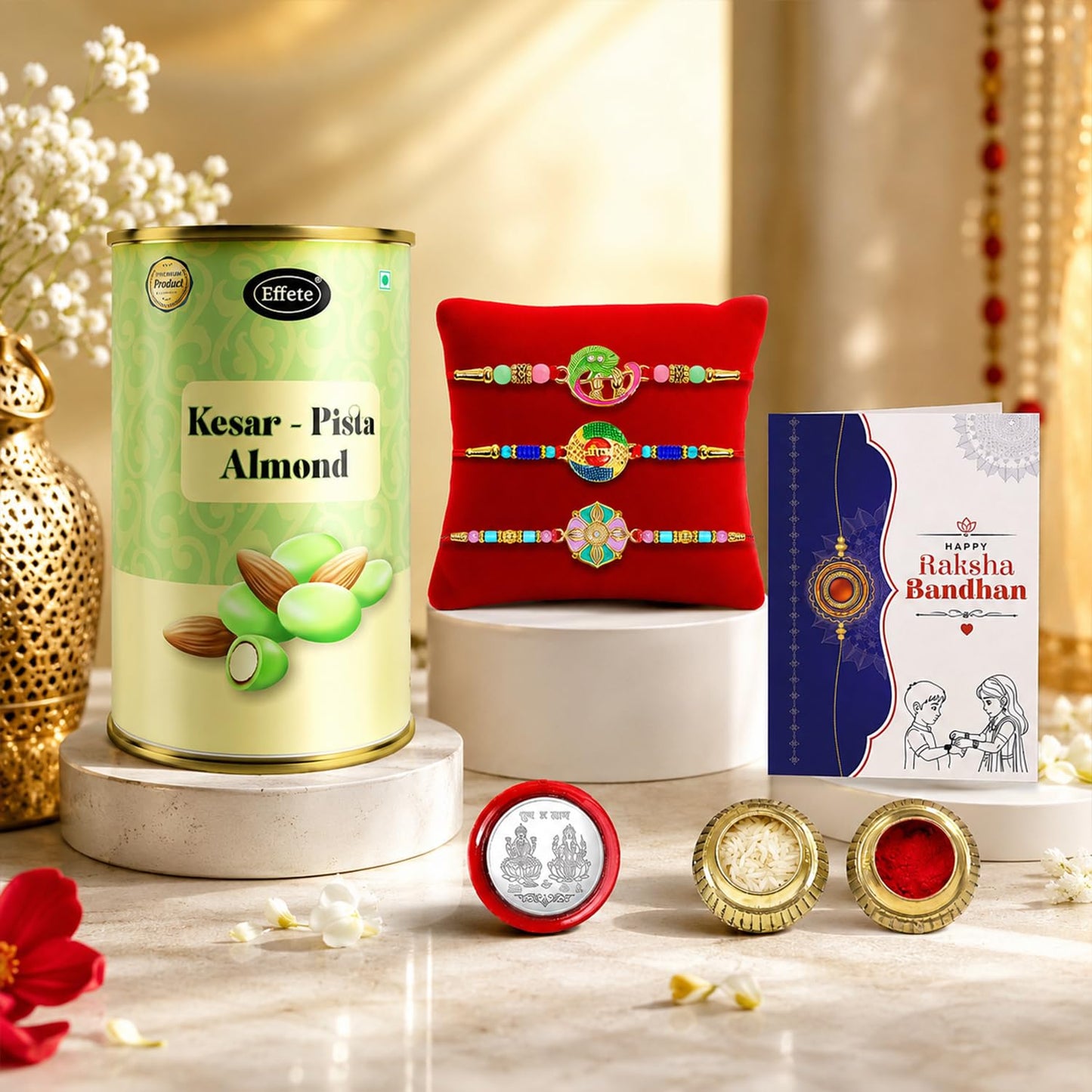 Designer Rakhi for Brother with Kesar-Pista Almond 96gm, Coin & Card | Pack of 3