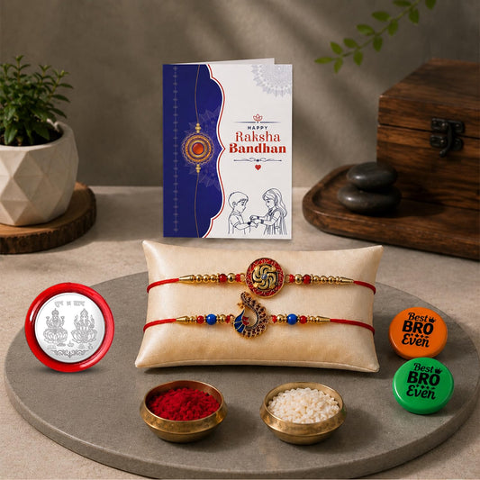Multicolor Rakhi Combo Swastik Charm,Peacock Motif with Decorative Magnets 2pcs