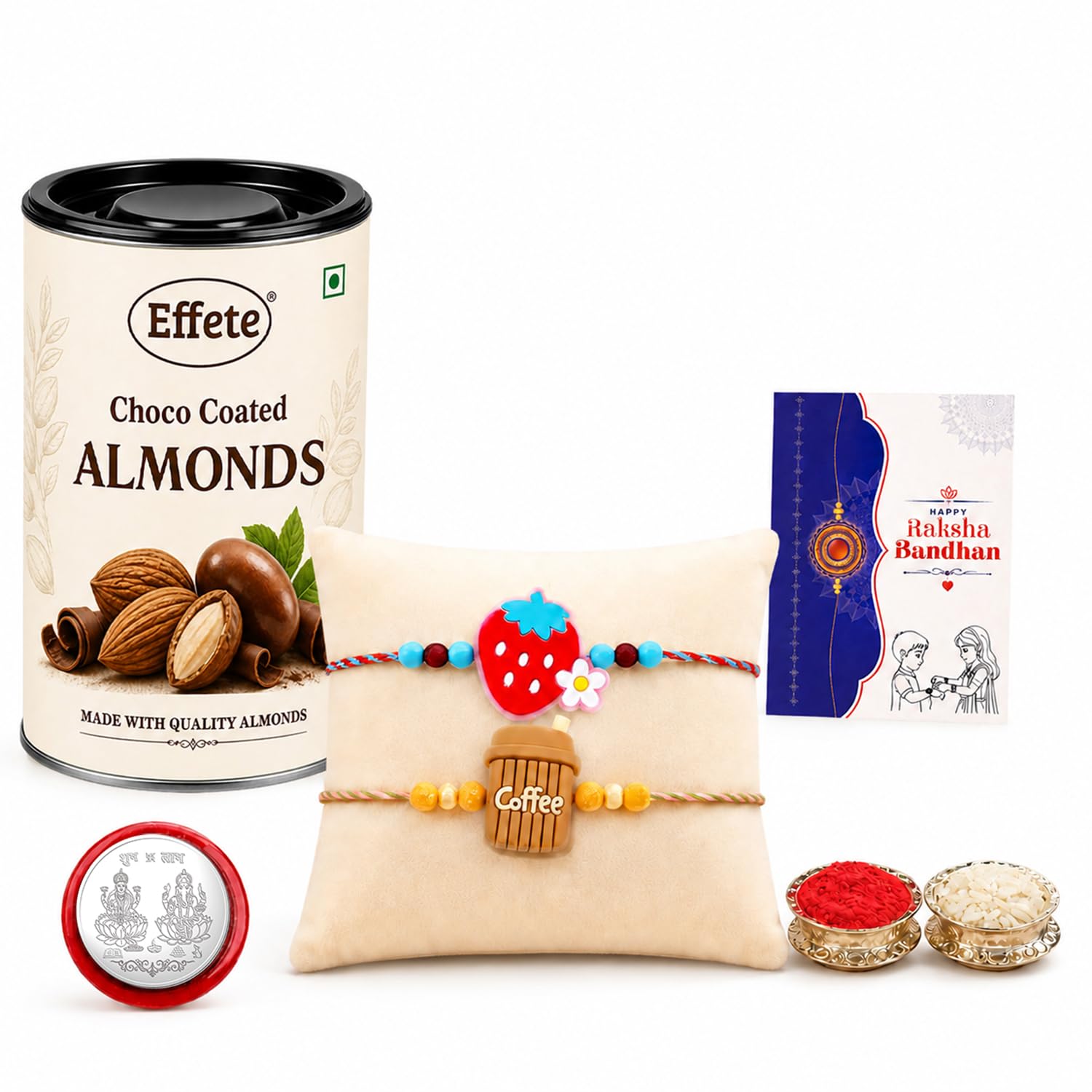 Strawberry Rakhi Combo - Raksha Bandhan Gift with Choco Almonds 96gm, Pack of 6 for Bhaiya