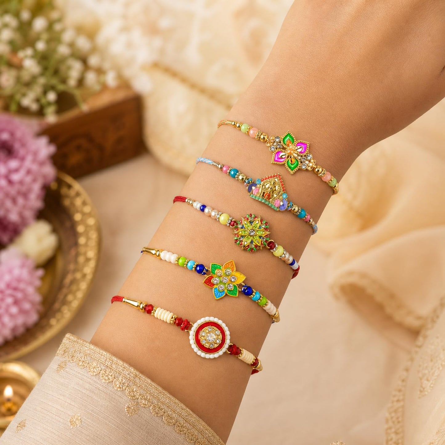 Elegant Exquisite Rakhi for Brother with Roli Tikka, Pooja Coin & Card, Pack of 8