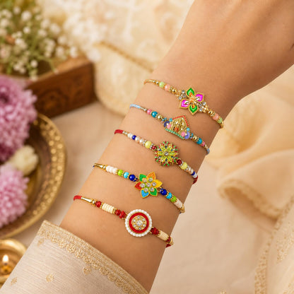 Elegant Exquisite Rakhi for Brother with Roli Tikka, Pooja Coin & Card, Pack of 8