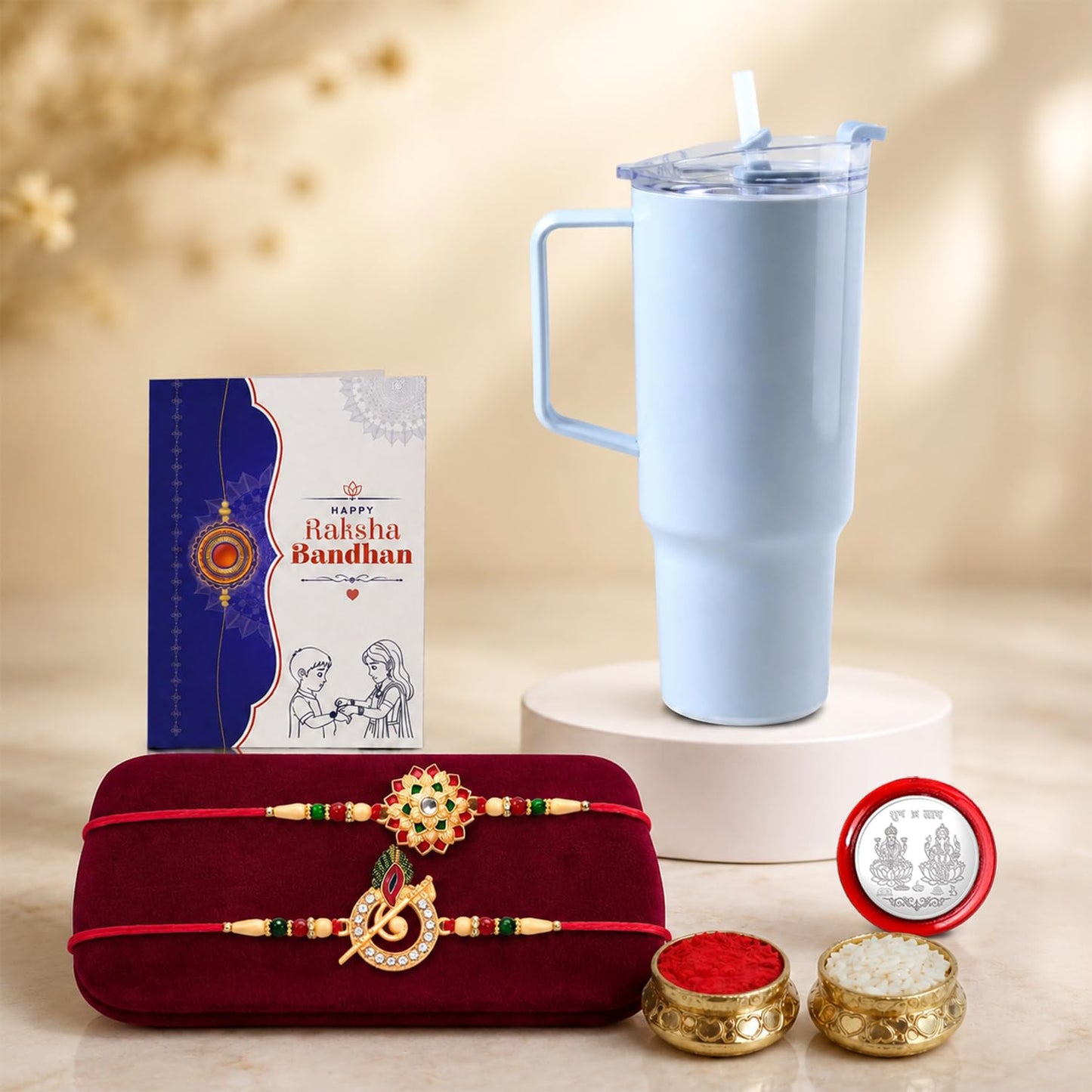 Flower Rakhi for Brother with Travel Tumbler - Raksha Bandhan Gift Set, Pack of 6