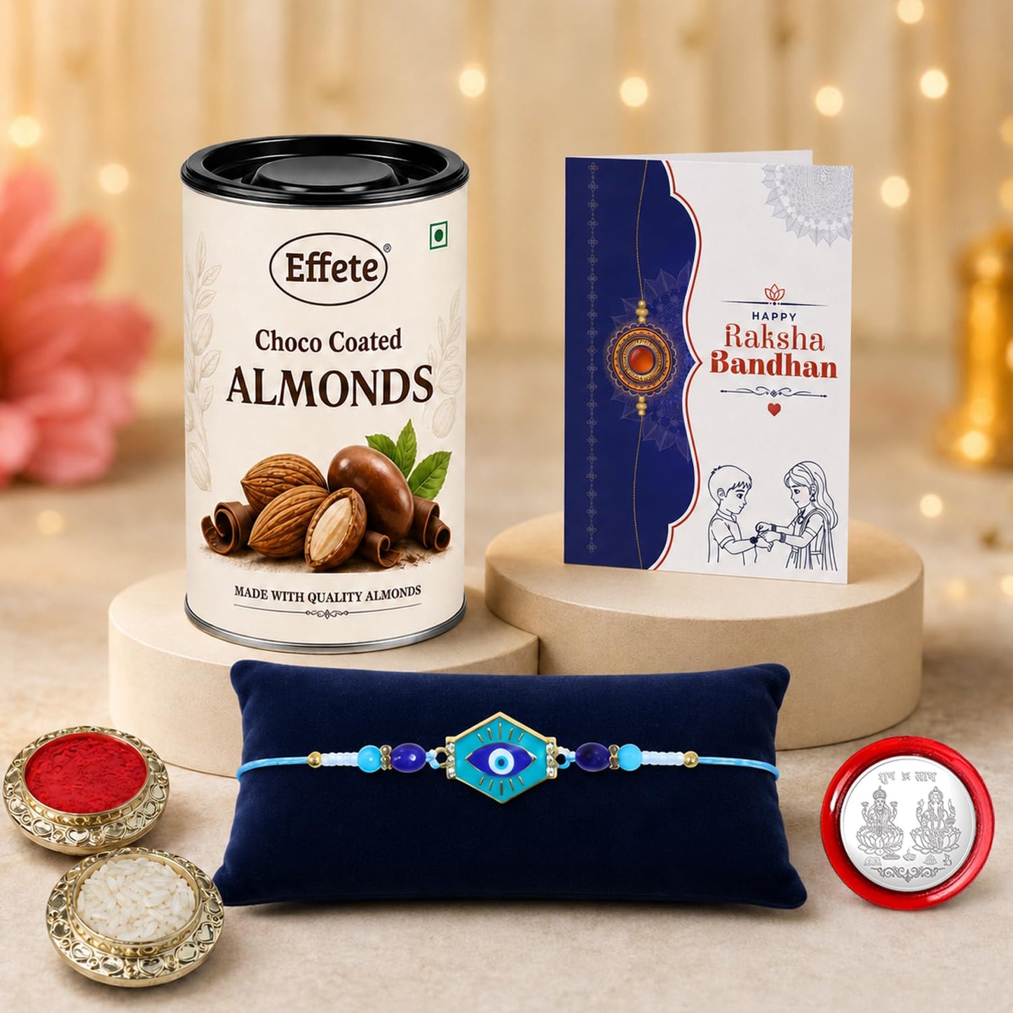 Evil Eye Rakhi for Brother with Choco Almonds 96gm, Roli Tikka & Card, Pack of 5