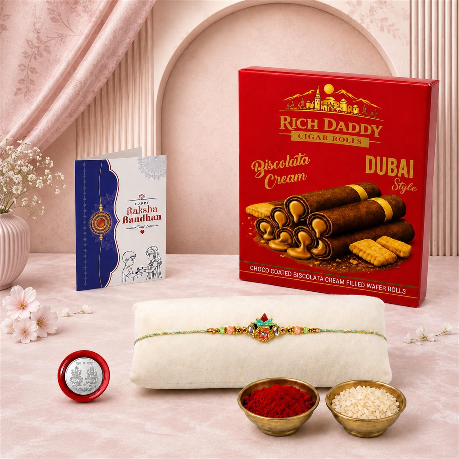 Pot motif Multicolor Rakhi – Biscolata Cream Wafer Roll Gift Combo Set (Pack of 5) For Raksha Bandhan