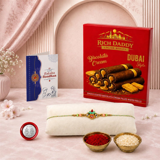 Kalash Rakhi for Brother with Biscolata Wafer Rolls, Roli Tikka & Card, Pack of 5