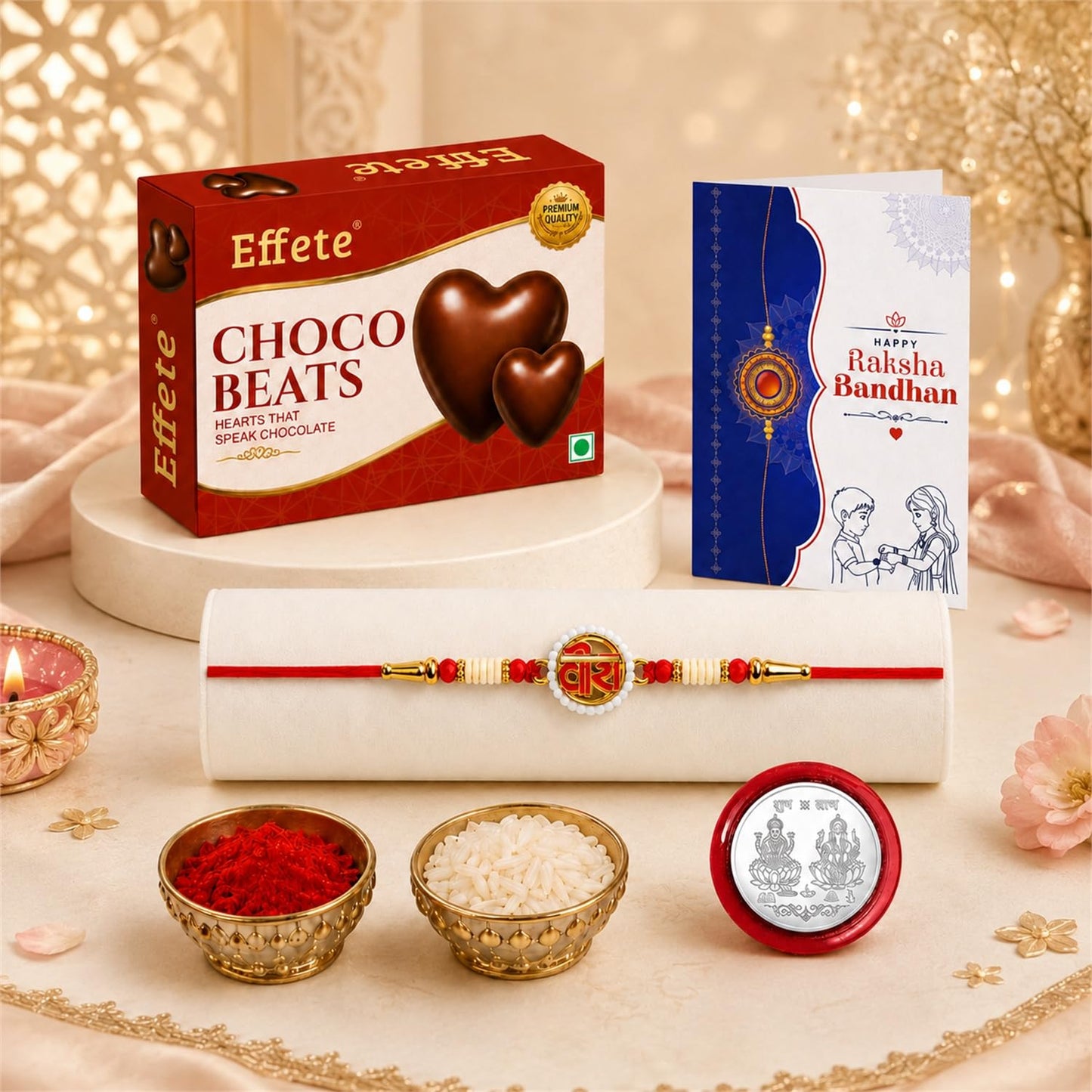 Veera Rakhi for Brother with Chocolate Beats 32gm, Roli Tikka & Card, Pack of 5
