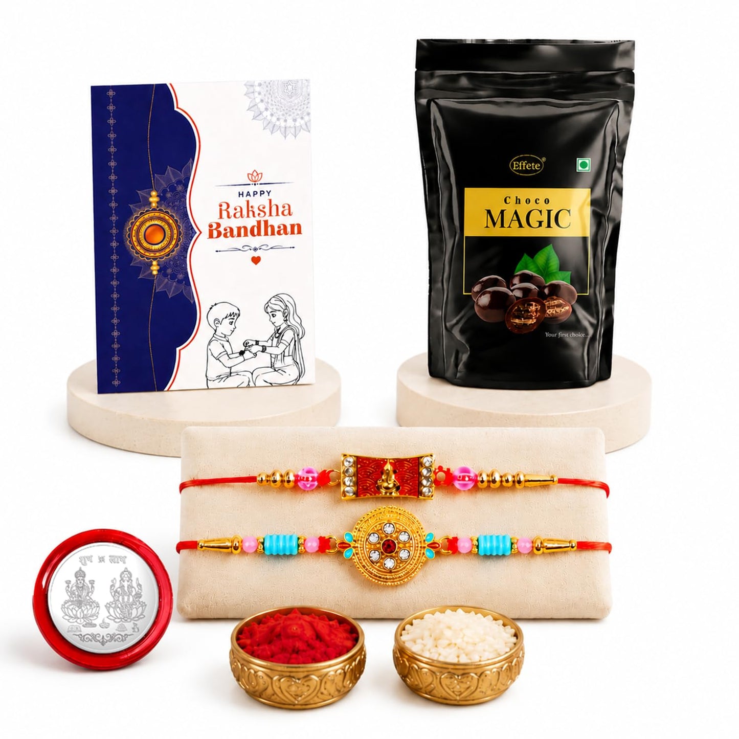Ganesha Charm Rakhi for Brother with Choco Magic Pouch, Coin & Card, Pack of 6