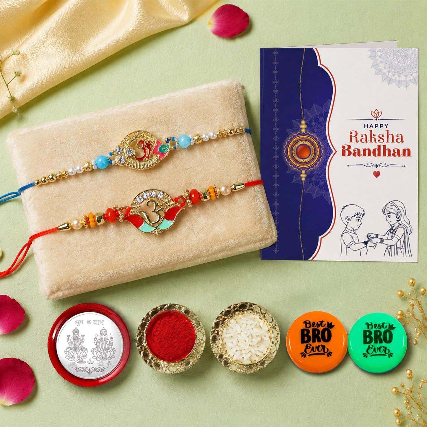 Multicolor Rakhi Om, Om & Multicolour Decorative Magnets 2pcs with Roli Chawal