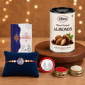 Peacock Rakhi for Brother with Choco Almonds 96gm, Roli Tikka & Card, Pack of 5