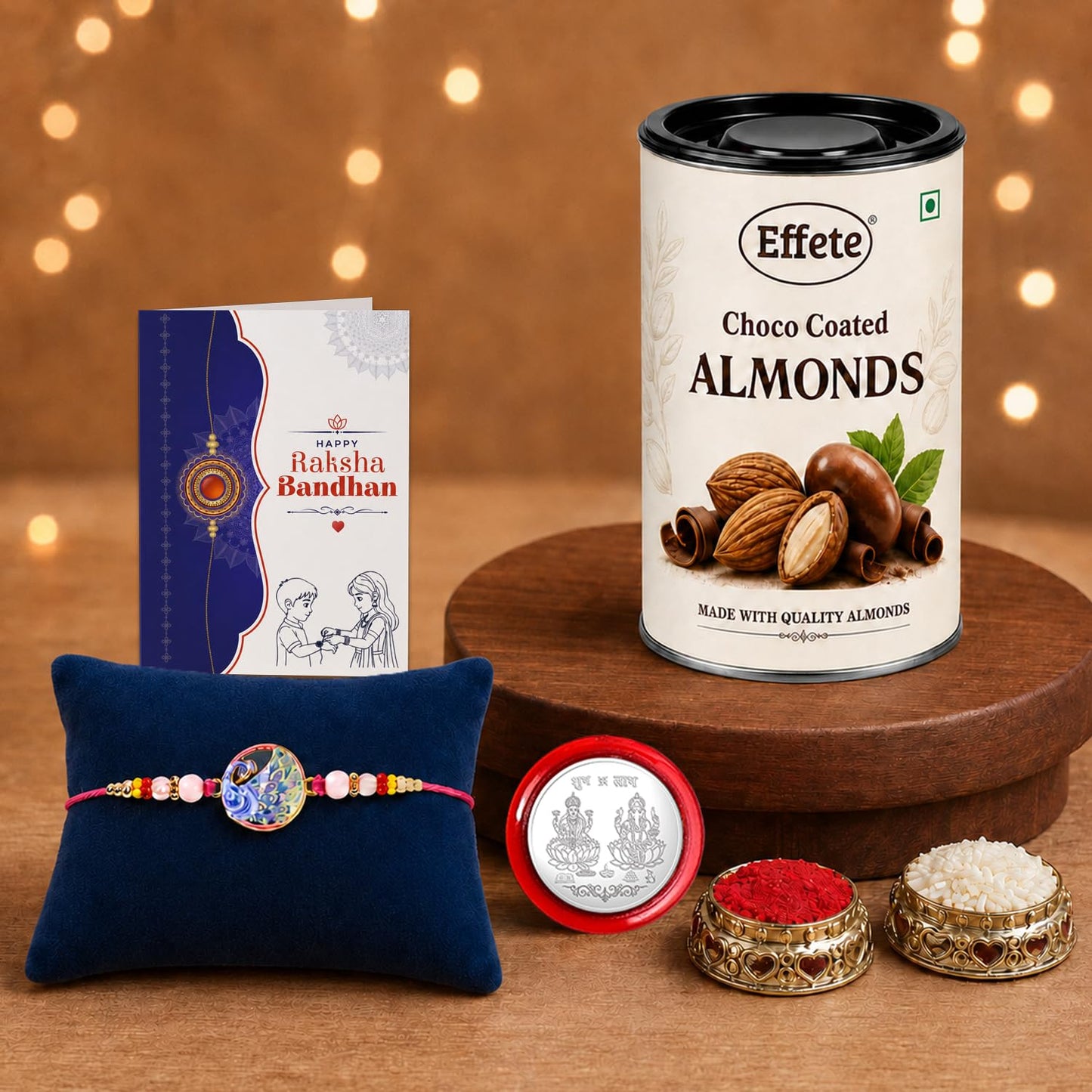 Peacock Rakhi for Brother with Choco Almonds 96gm, Roli Tikka & Card, Pack of 5