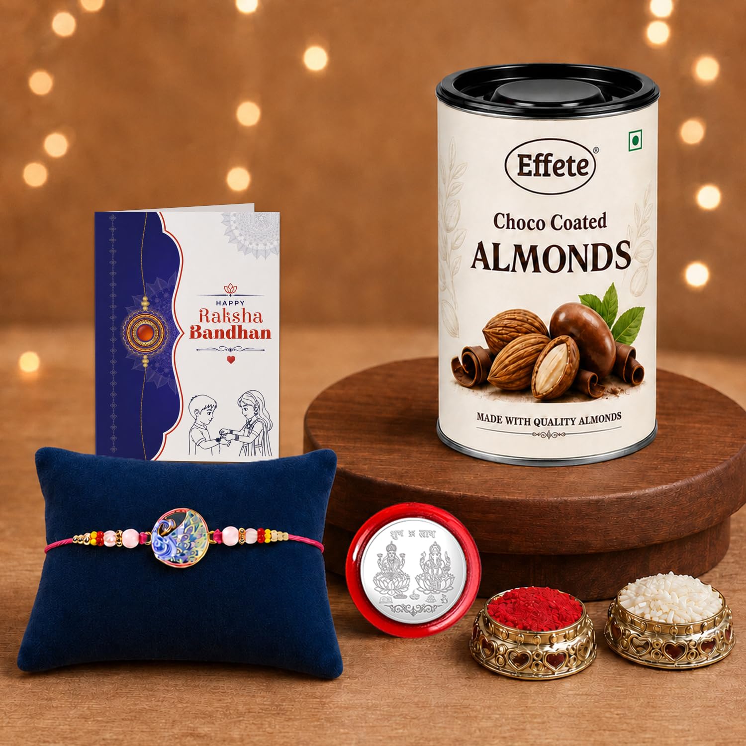 Peacock Rakhi for Brother with Choco Almonds 96gm, Roli Tikka & Card, Pack of 5