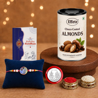 Peacock Rakhi for Brother with Choco Almonds 96gm, Roli Tikka & Card, Pack of 5