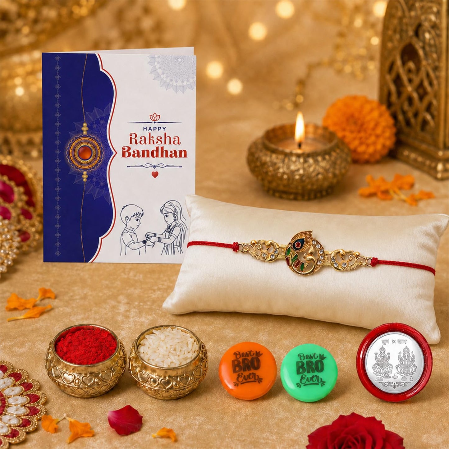 Rakhi Set for Brother (Set of 1) – Peacock Design Rakhi Combo with Roli Chawal