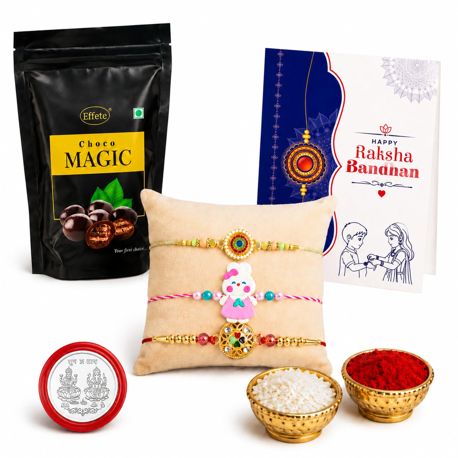 Kundan Rakhi for Brother with Choco Magic Pouch, Roli Tikka & Card, Pack of 7