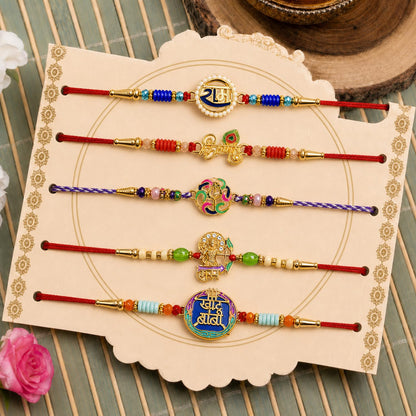 Elegant Handcrafted Rakhi for Brother with Roli Tikka & Greeting Card, Pack of 8
