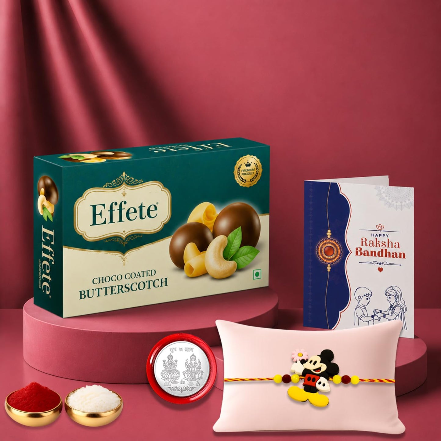 Mickey Rakhi for Brother with Butter Scotch 32gm, Roli Chawal & Card, Pack of 5