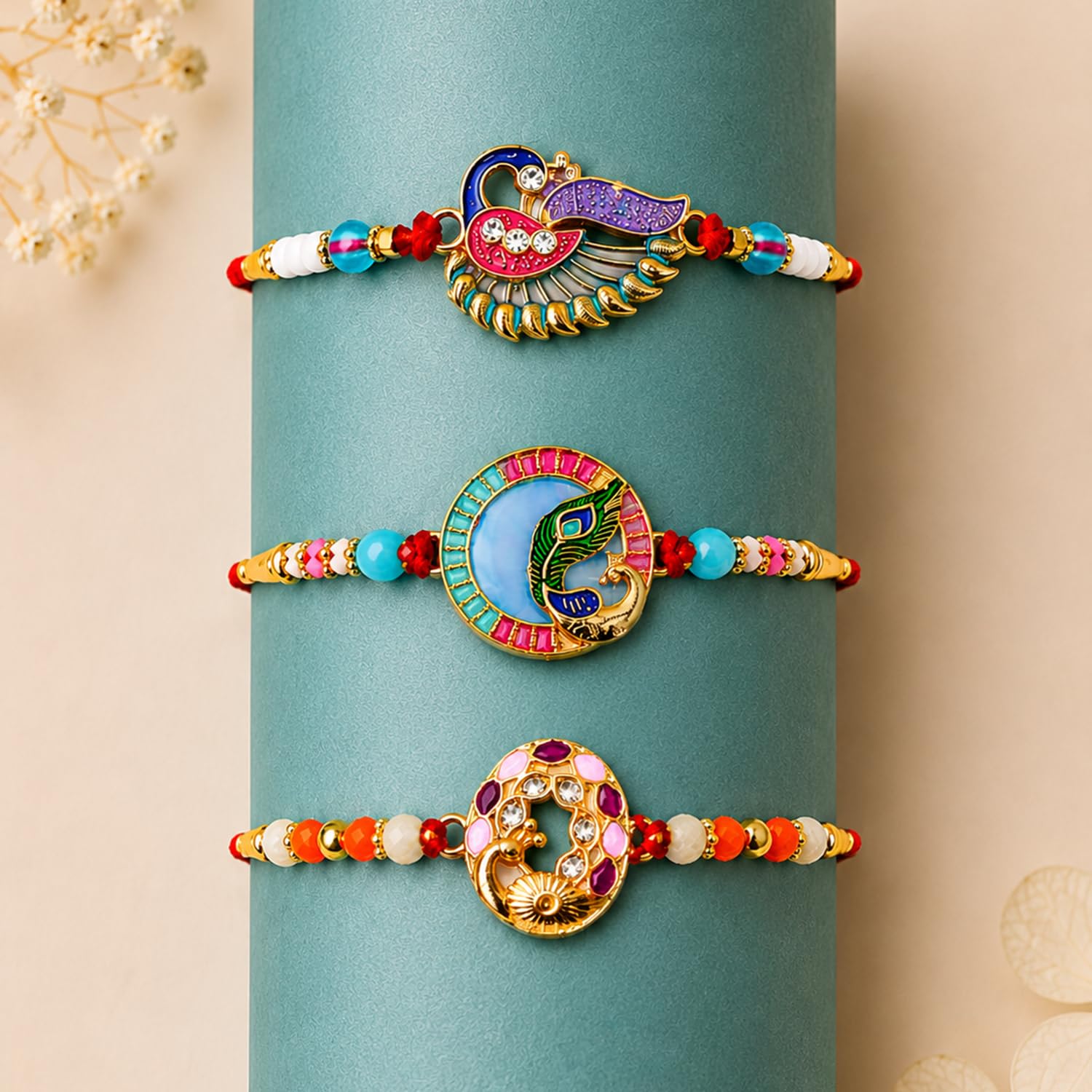 Designer Stylish Multicolor Peacock Rakhi for Brother with Roli Tikka | Pack of 6