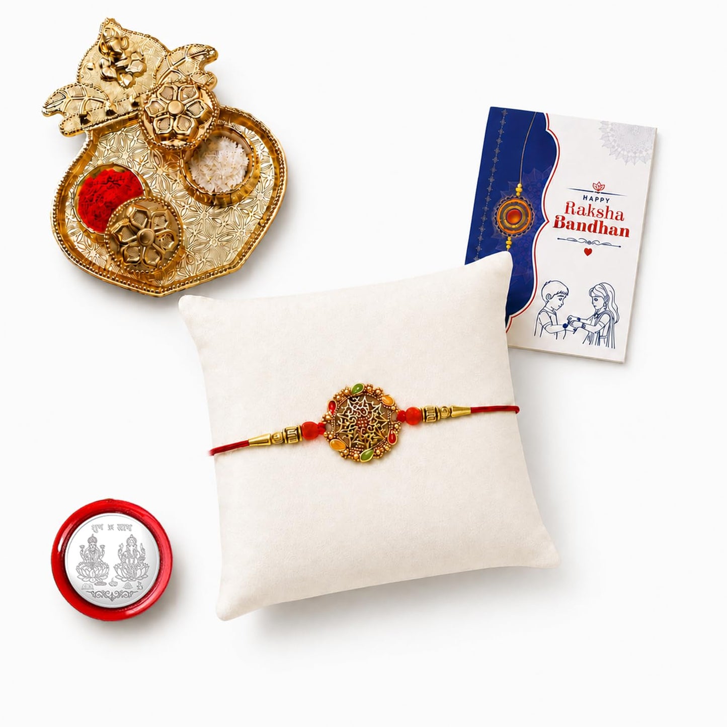 Round Multicolor Rakhi for Brother & Bhaiya with Kalash Shape Pooja | Pack of 5