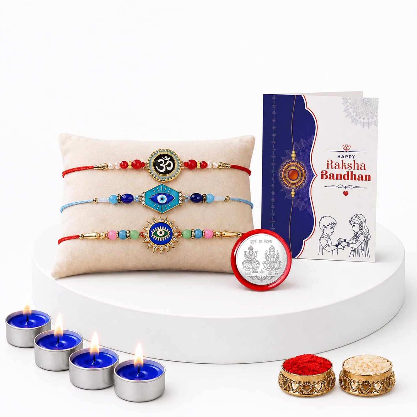 Evil Eye, Om Rakhi Combo - Raksha Bandhan Gift with Tealight Candles 4pcs, Pack of 7