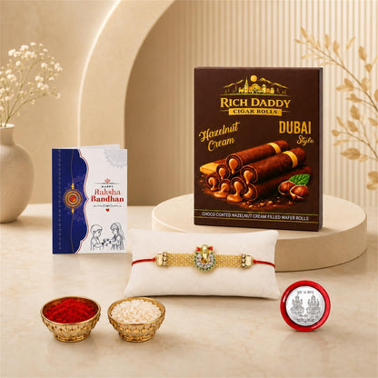 Ganesha Rakhi for Brother with Hazelnut Wafer Rolls, Roli Tikka & Card, Pack of 5