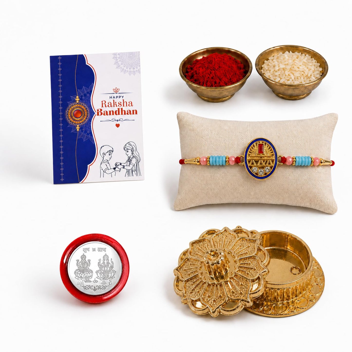 Geometric Multicolor Rakhi for Brother & Bhaiya with Golden Pooja | Pack of 5