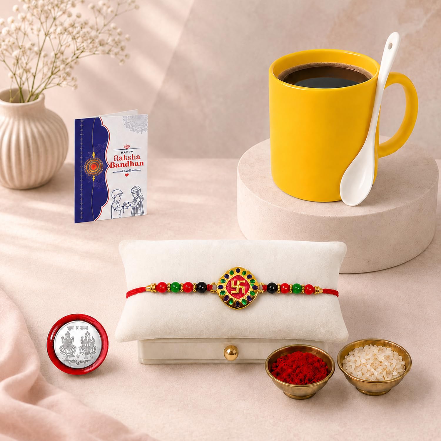 Swastika Multicolor Rakhi for Brother & Bhaiya with Plastic Mug | Pack of 5