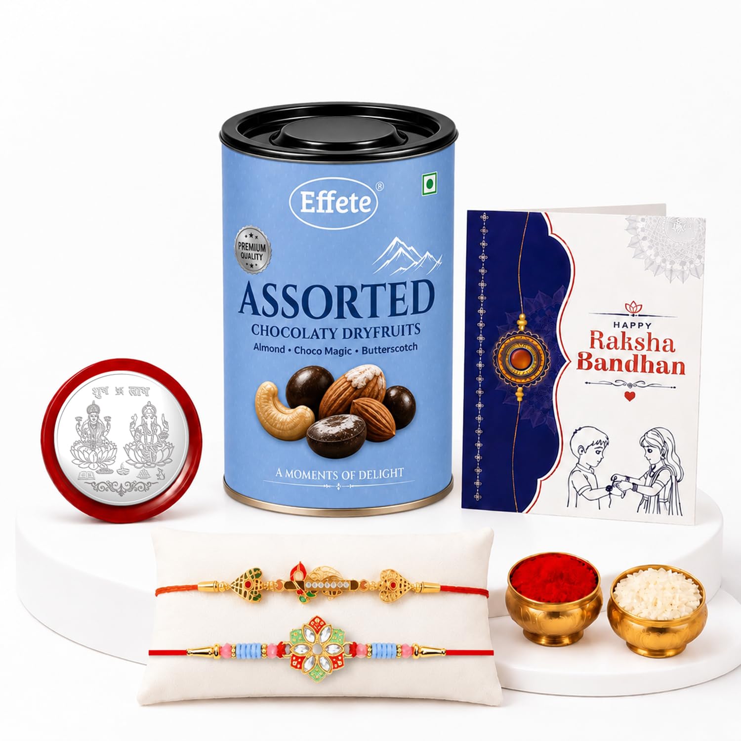 Flower Charm Rakhi for Brother with Choco Dryfruits 96gm, Coin & Card, Pack of 6