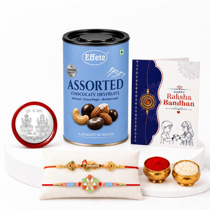 Flower Charm Rakhi for Brother with Choco Dryfruits 96gm, Coin & Card, Pack of 6