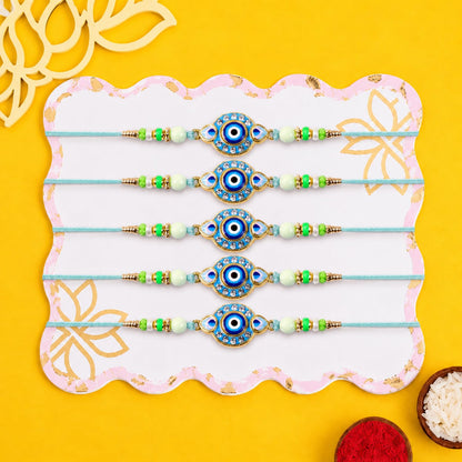 Elegant Handcrafted Multicolor Rakhi for Brother with Roli Tikka, Pack of 5