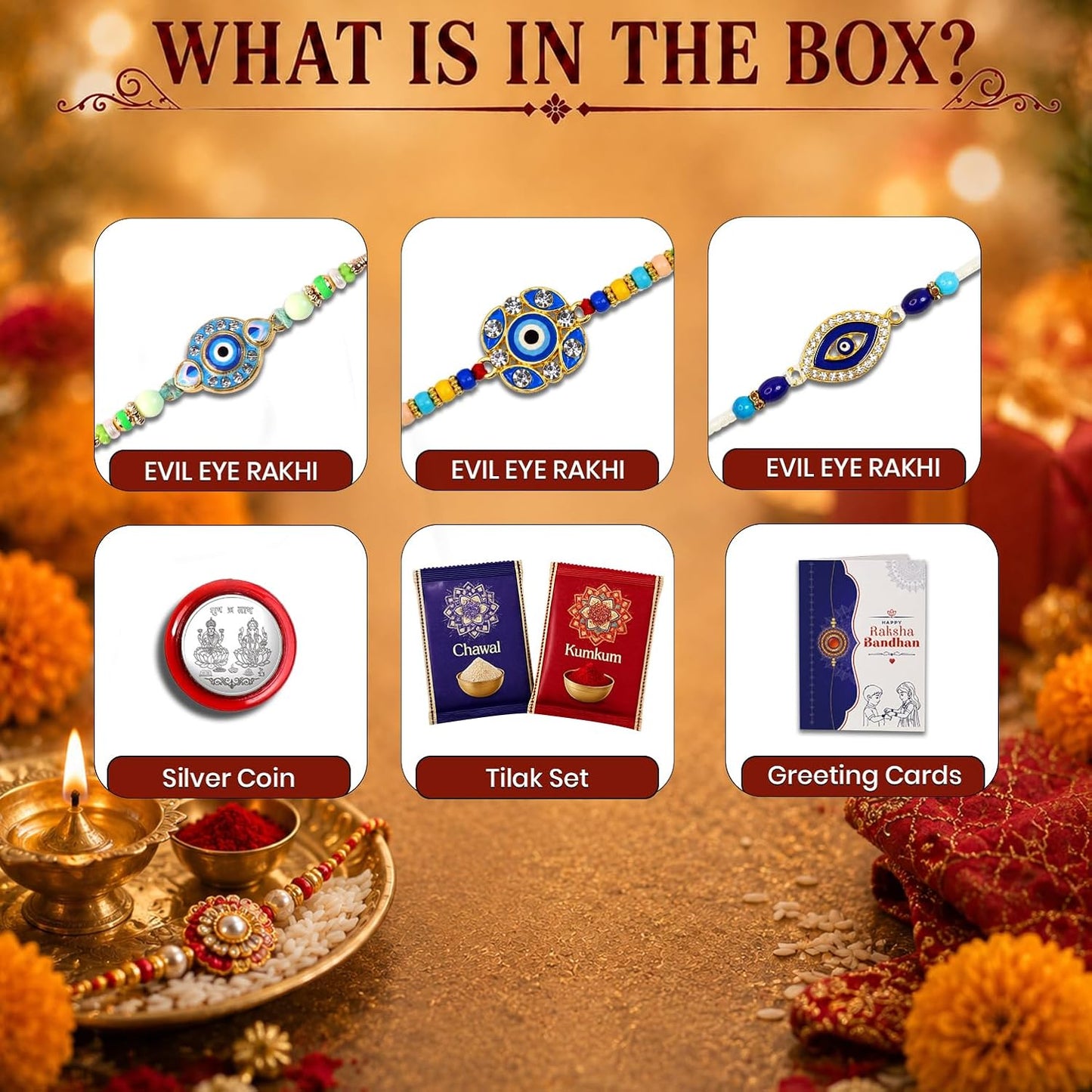 Designer Rakhi for Brother with Roli Chawal, Pooja Coin & Card | Pack of 3