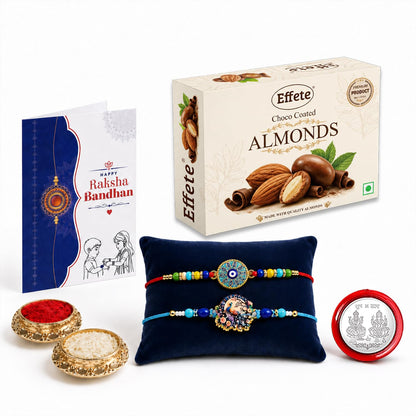 Evil Eye, Peacock Rakhi Combo - Raksha Bandhan Gift with Choco Almonds 32gm, Pack of 6