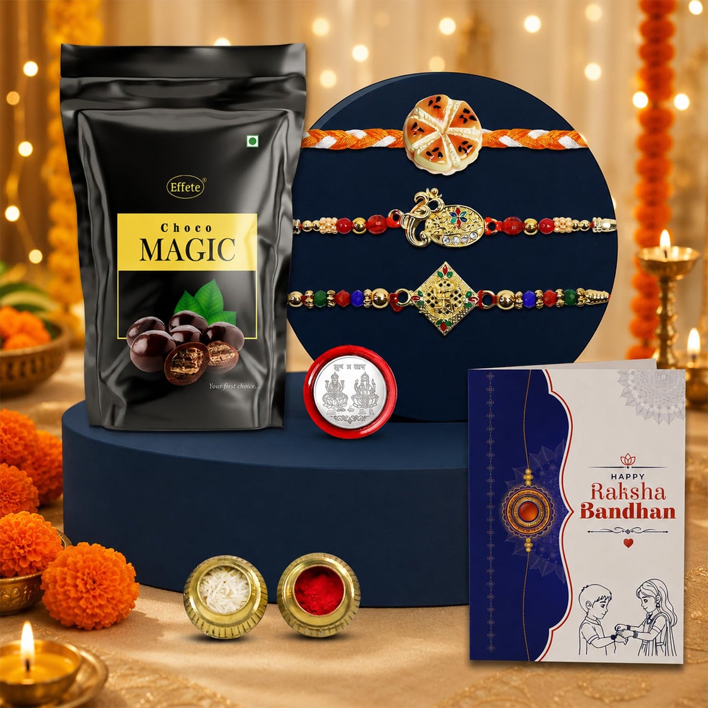 Food Rakhi for Brother with Choco Magic Pouch, Roli Tikka & Card, Pack of 7