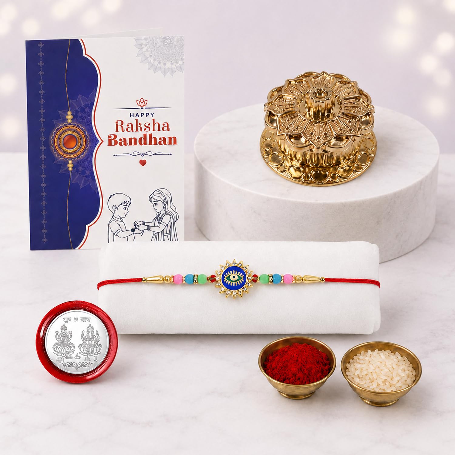Evil Eye Multicolor Rakhi for Brother & Bhaiya with Golden Pooja | Pack of 5