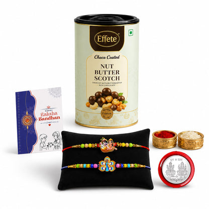 Radhe Krishna Rakhi Combo - Raksha Bandhan Gift with Choco Butterscotch 96gm, Pack of 6