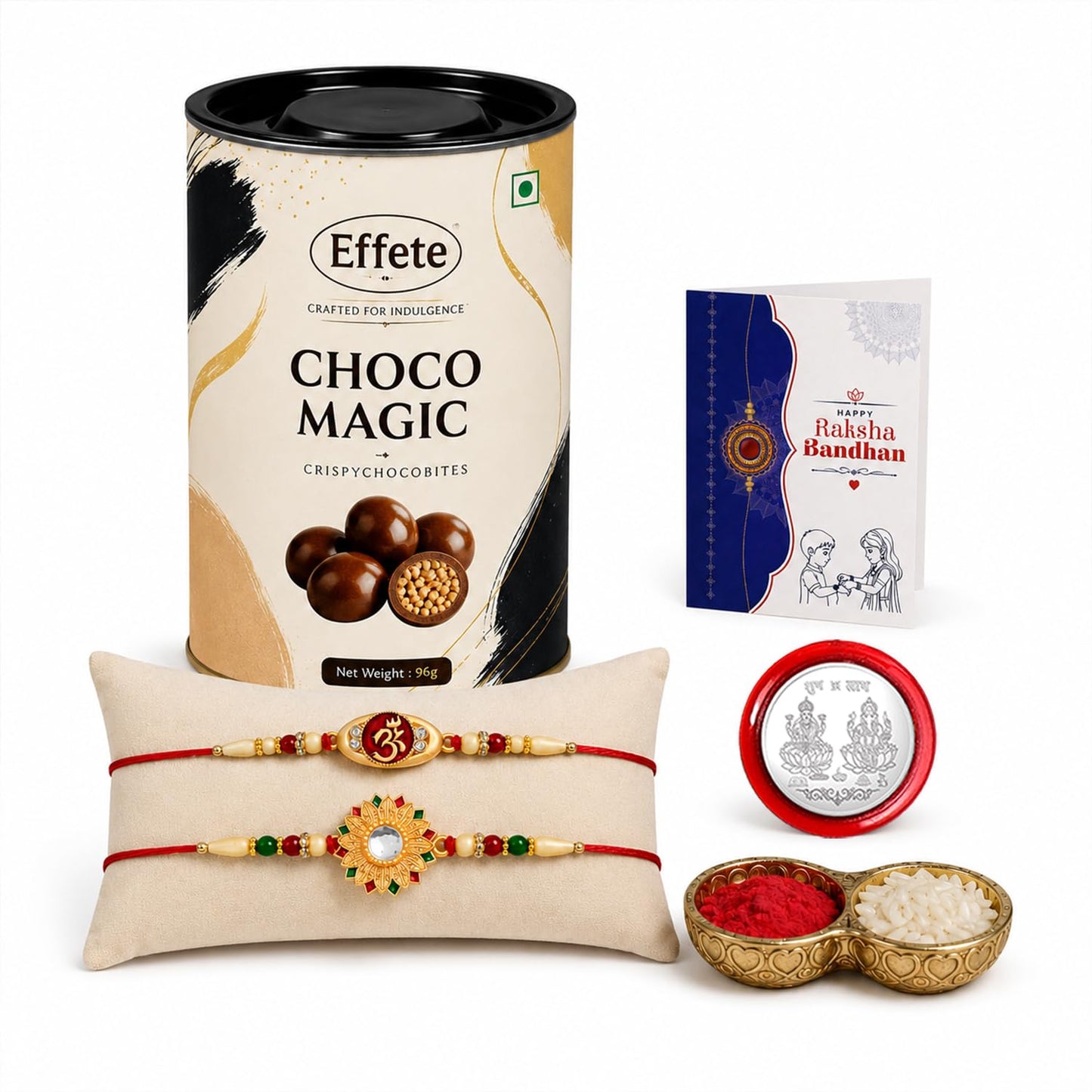 Multicolor OM Rakhi & Chocolate Magic 96gm with Roli Chawal, Silver Color Pooja Coin & Greeting Card, Rakhi with chocolate, Rakshbandhan Combo, Pack of 6 For Raksha Bandhan
