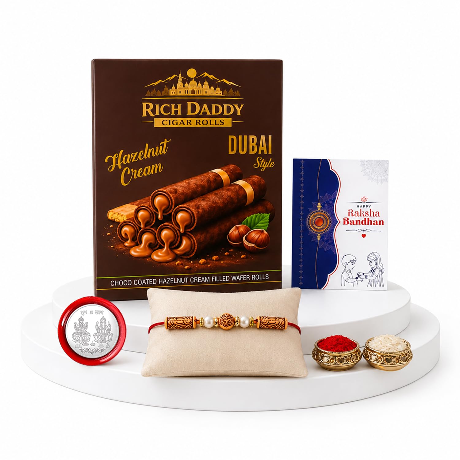 OM Rakhi for Brother with Hazelnut Wafer Rolls, Roli Tikka & Card | Pack of 5