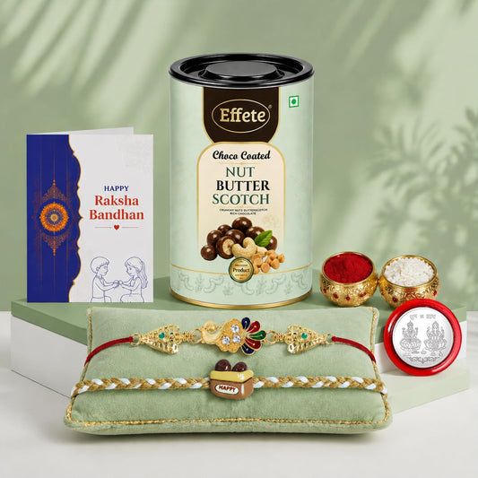 Rakhi with Chocolate for Brother (Set of 6) – Raksha Bandhan Festival Celebration Combo with Peacock & Food Design Rakhi, Chocolate, Roli Chawal, Silver Color Pooja Coin & Greeting Card