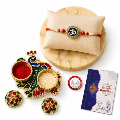 Om Rakhi Combo - Raksha Bandhan Gift with Peacock Shape Pooja Thali, Pack of 5 for Bhaiya