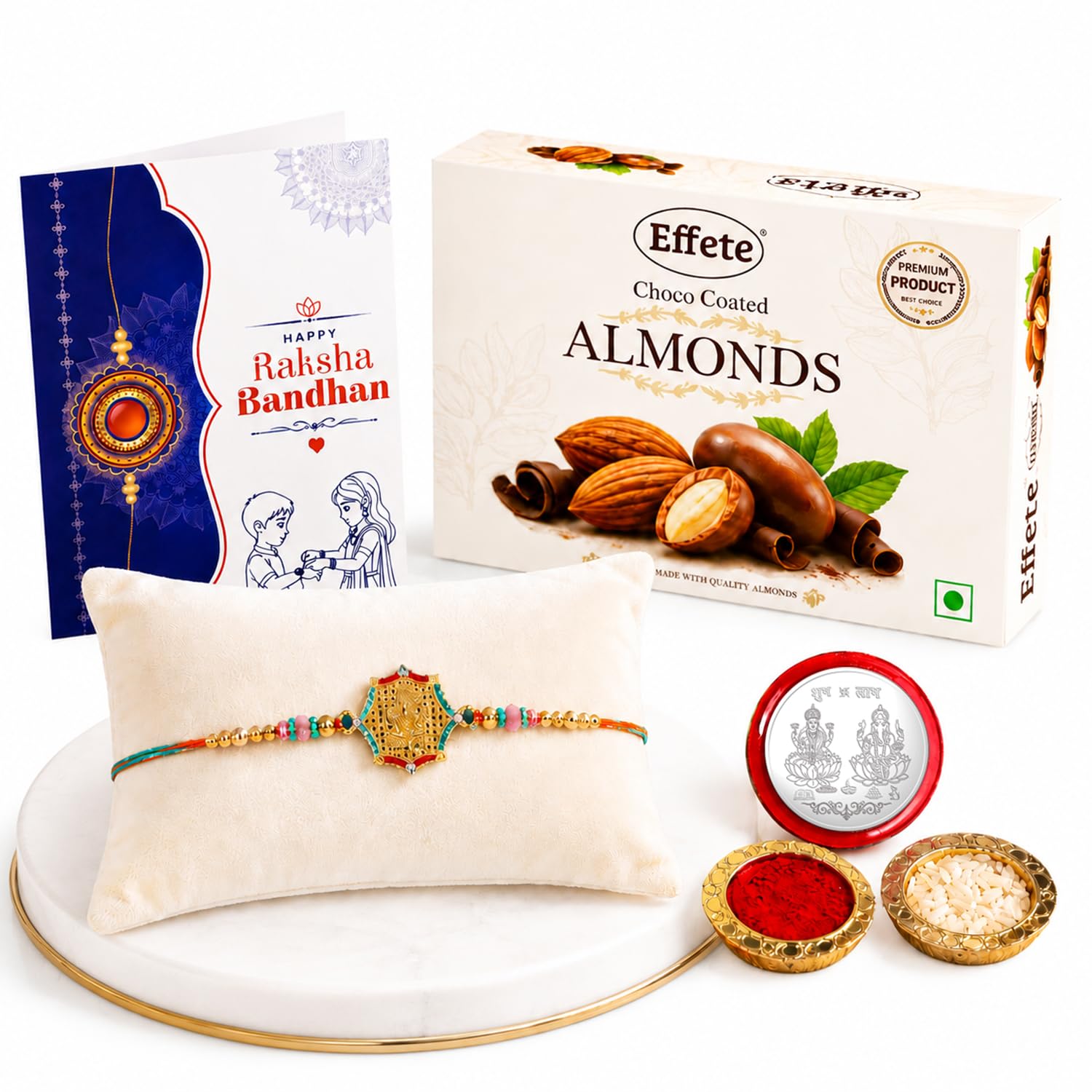 Ganu Ji Rakhi for Brother with Choco Almonds 32gm, Roli Chawal & Card, Pack of 5