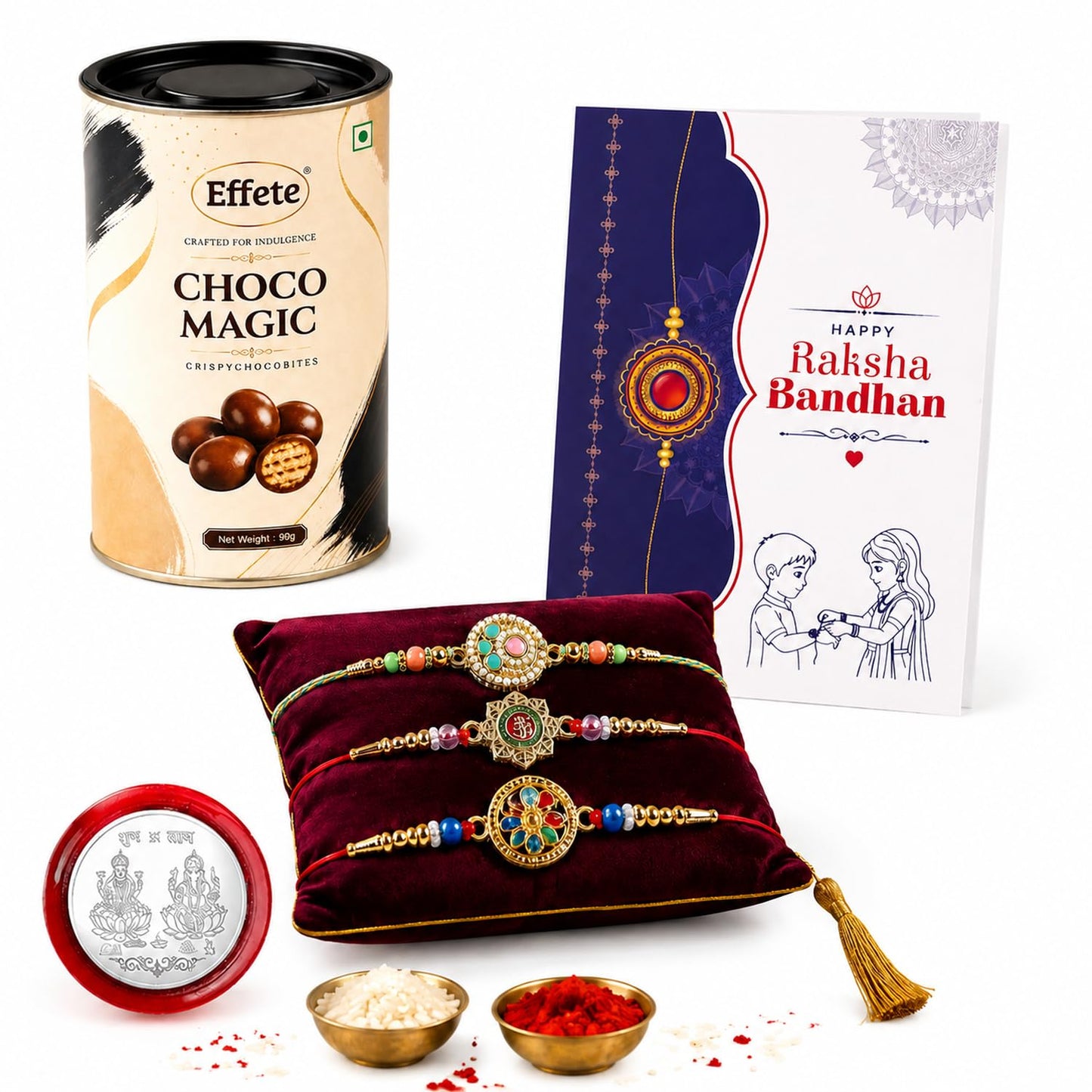 Kundan Rakhi for Brother with Chocolate Magic 96gm, Roli Tikka & Card - Pack of 7