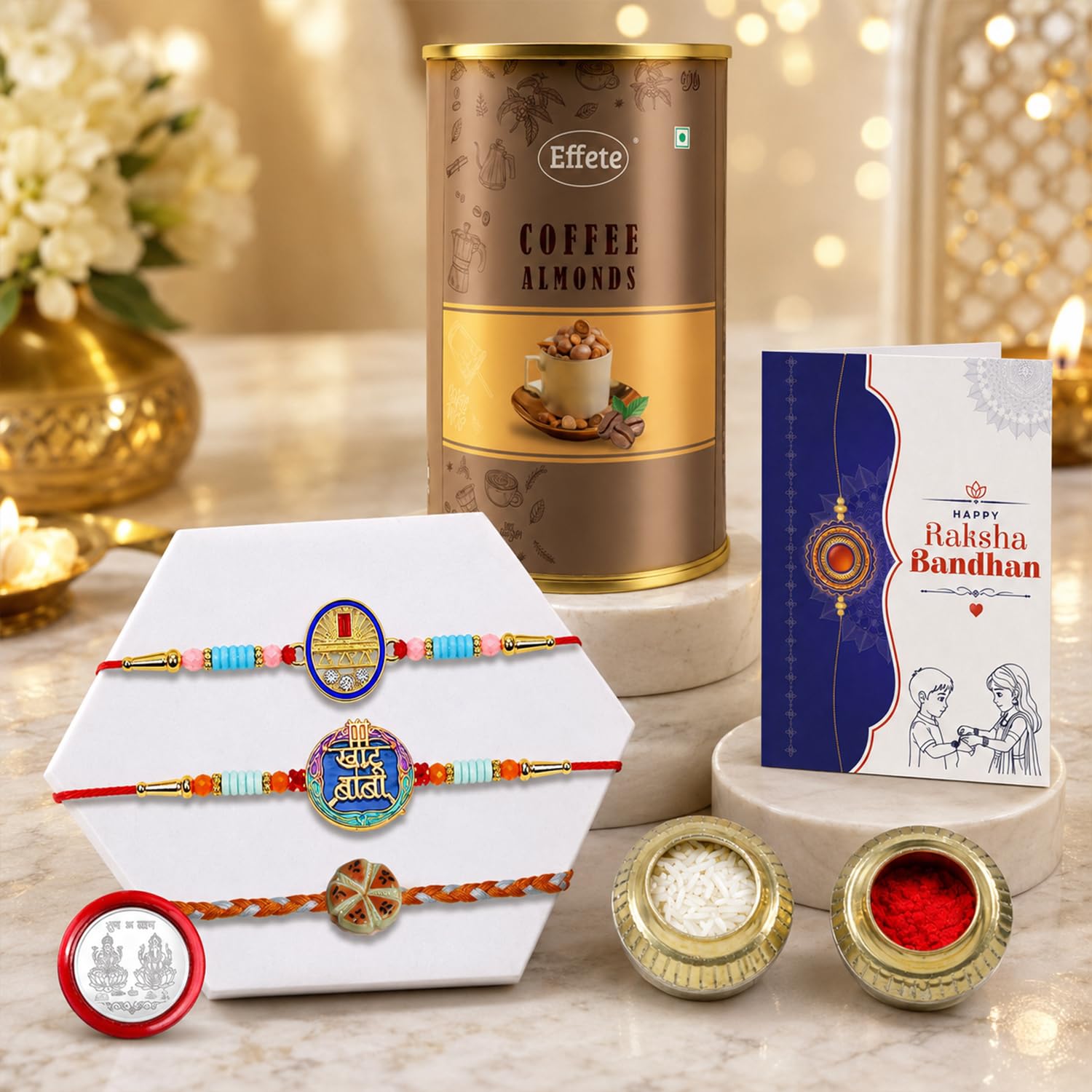 Designer Rakhi for Brother with Coffee Almond 96gm, Roli Chawal & Card, Pack of 3
